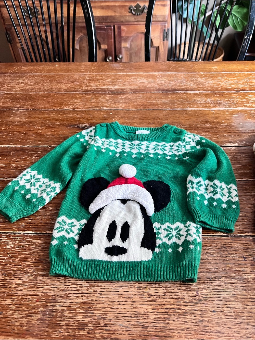 Disney Green Mickey Holiday Crewneck Sweater with White Snowflakes